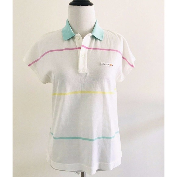 Ellesse | Polo Shirt Womens Size 0 White Stripe Collar Henley Short Sleeves - Picture 3 of 9